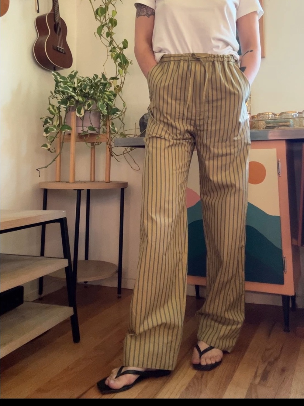 soeur Pale Yellow and Navy Striped Wide-Leg Pants